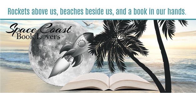 Space Coast Book Lovers Book Event graphic with palm trees, bird, rockets flying, moon, an open book, and the beach