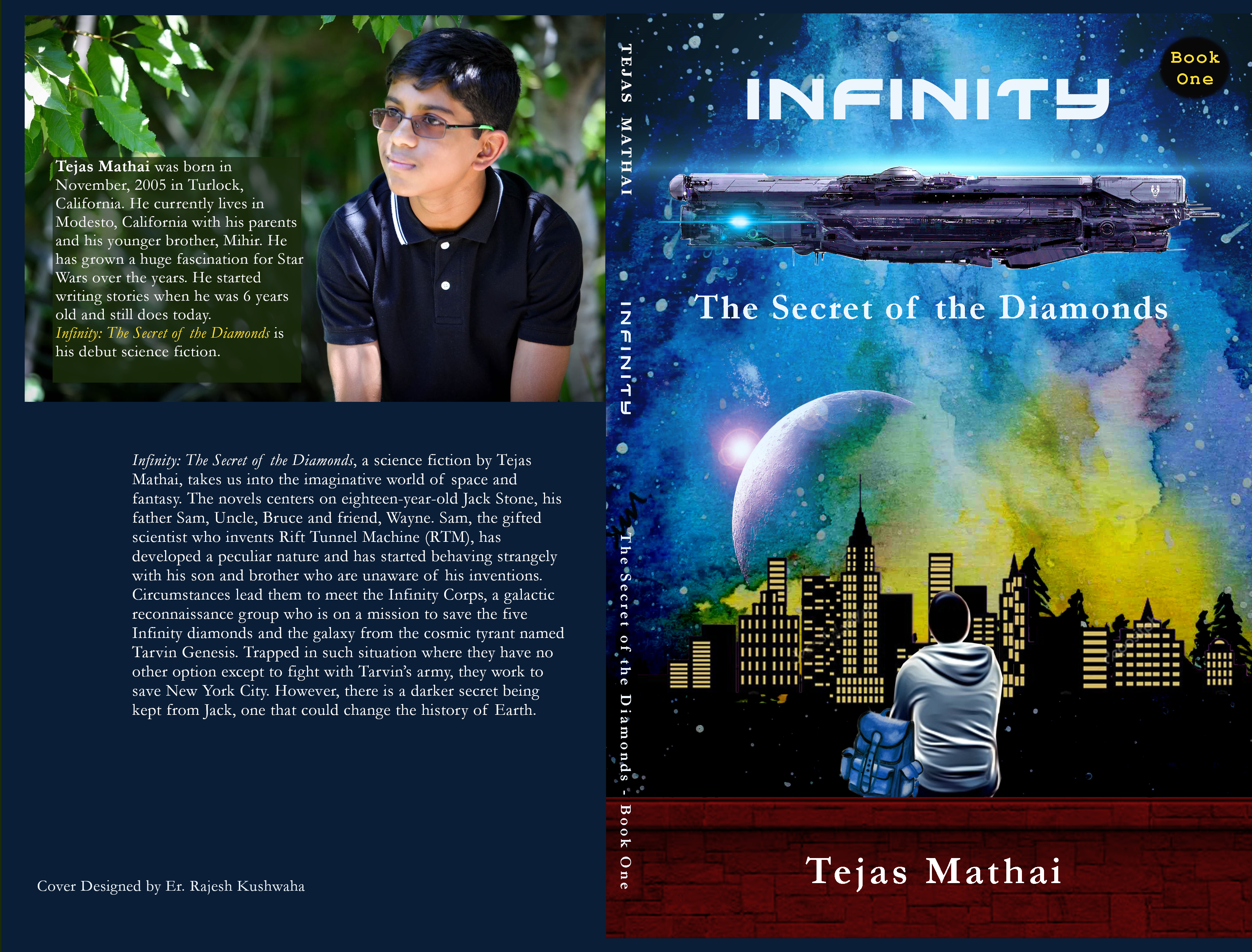 Book cover for Infinity, The Secret of the Diamonds, in which a spaceship is flying above a night city view with a moon and sun in the distance and a male with his back to us looking at the scene